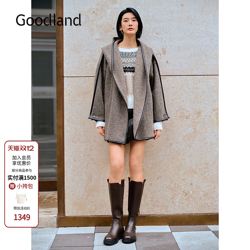 Goodland美地优雅羊毛连帽斗篷大衣中款2025冬季新款LC35580070