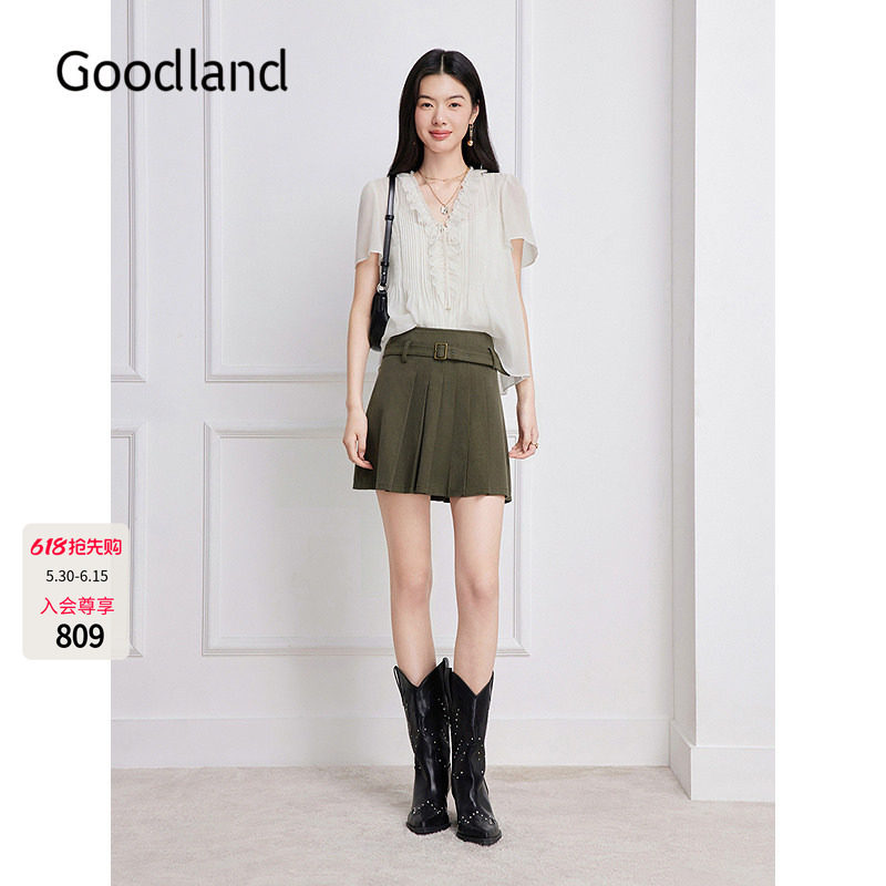 Goodland美地法式花边v领短袖上衣女夏季薄款2026新品LC36270040