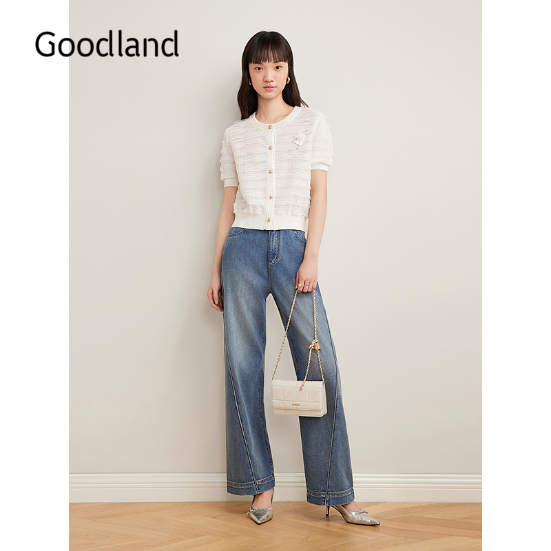 Goodland美地女装2025夏季新款爱心胸花小香风短袖针织上衣薄款