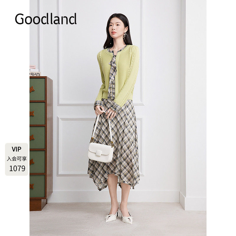 Goodland美地格纹拼接假两件麻花针织开衫2026秋季新款LC36306060