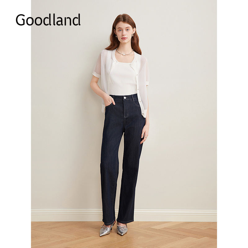 Goodland美地女装2025夏季新款薄款字母提花短袖针织开衫外套