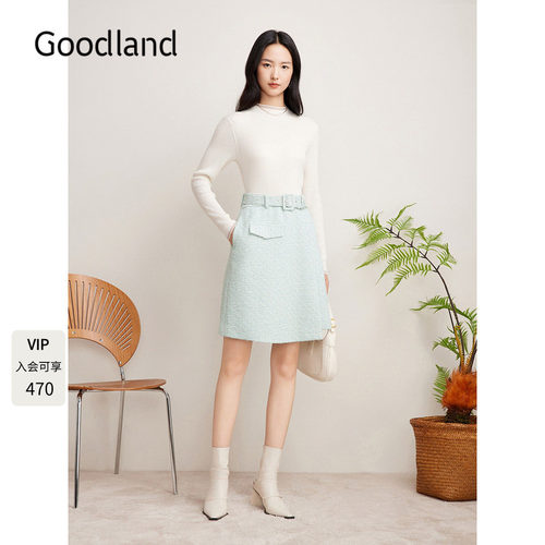 Goodland美地2024年冬季新款优雅小香风花纱开衩小A字半身裙短裙