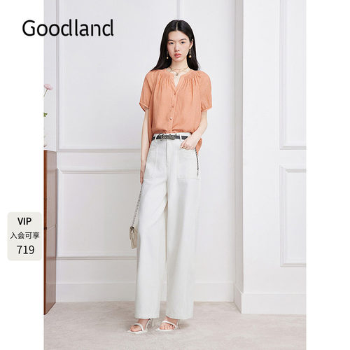 Goodland美地法式提花V领短袖衬衫女2026夏季新款LC36230040