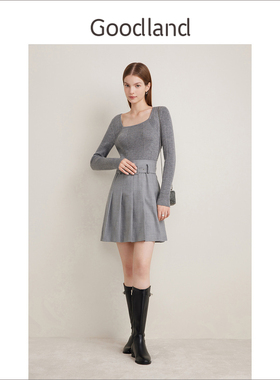 Goodland美地2024春季新款减龄48支绵羊毛织拼接百褶连衣裙