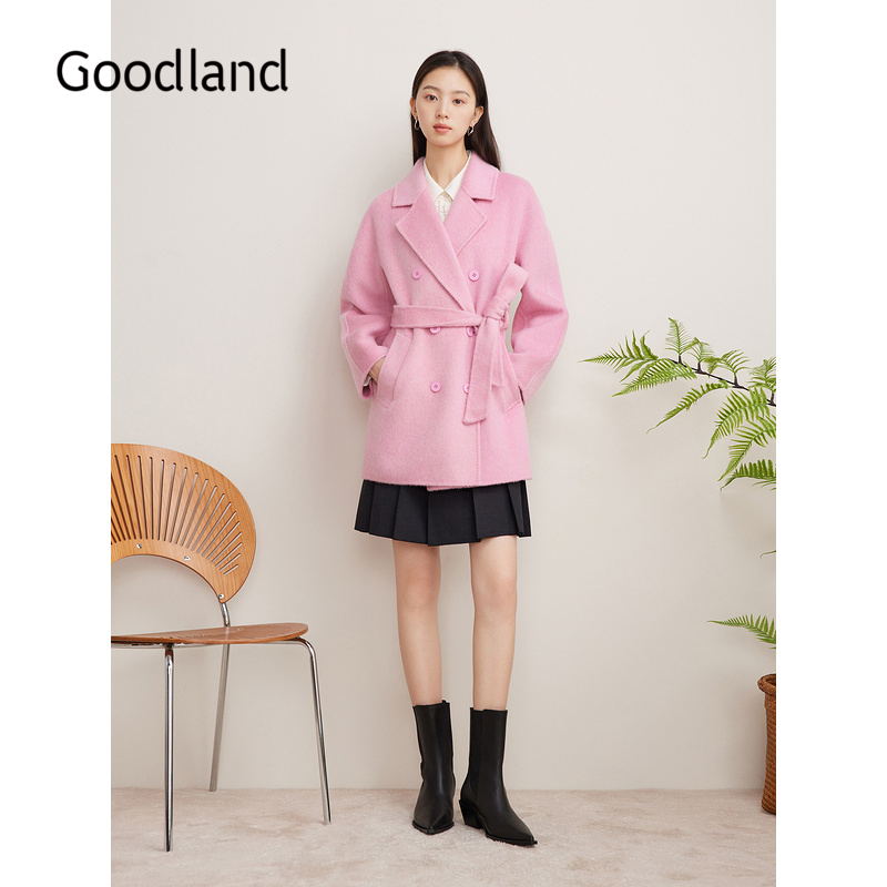 Goodland美地女装冬季粉色腰带羊毛羊驼毛大衣外套中款LC34580130