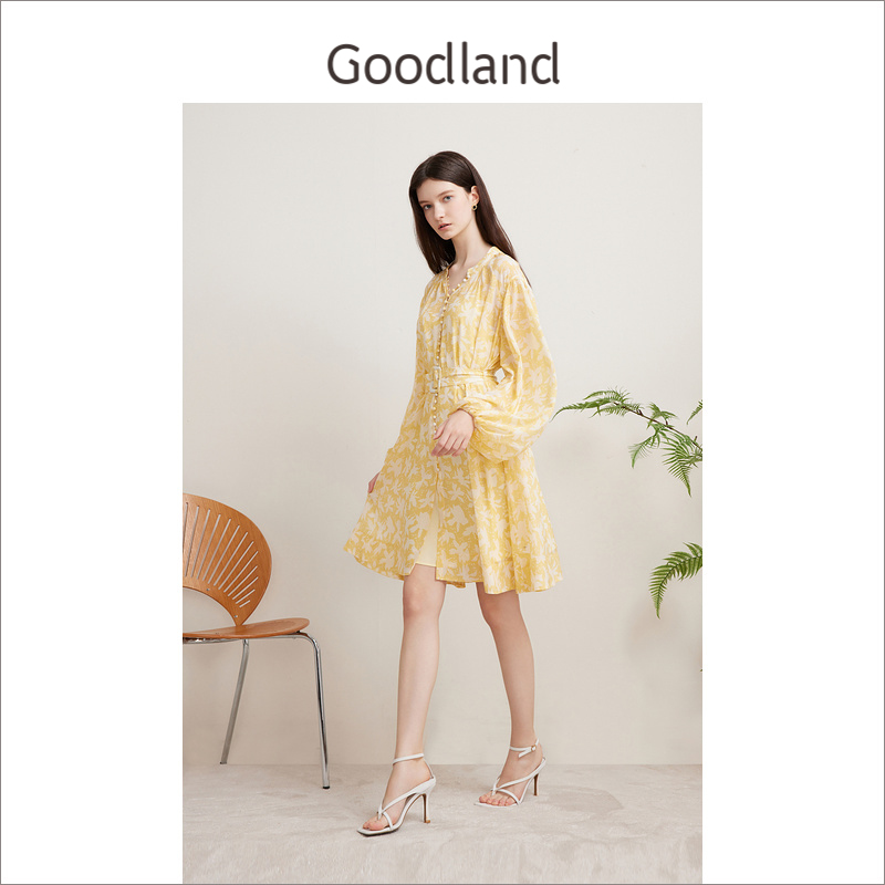 Goodland美地法式浪漫真丝连衣裙