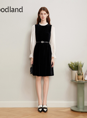 Goodland美地女装优雅法式丝绒收腰连衣裙LC35105320（配腰带）