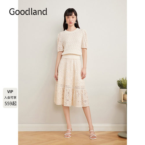 Goodland美地法式钩花镂空蕾丝短袖上衣女夏季/半身裙LC35206670