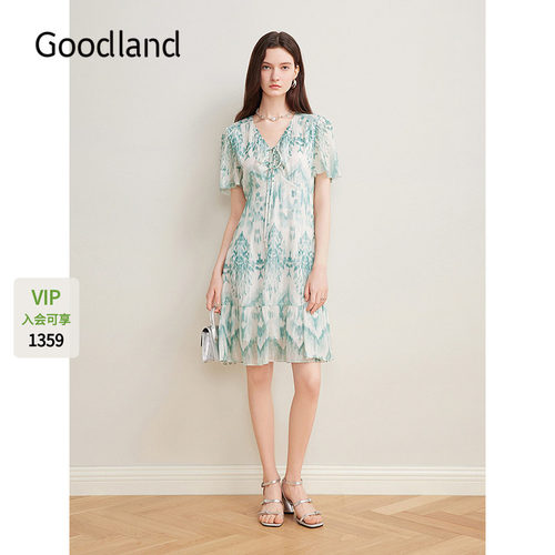Goodland美地女装2025夏季新款晕染印花真丝连衣裙收腰a字裙