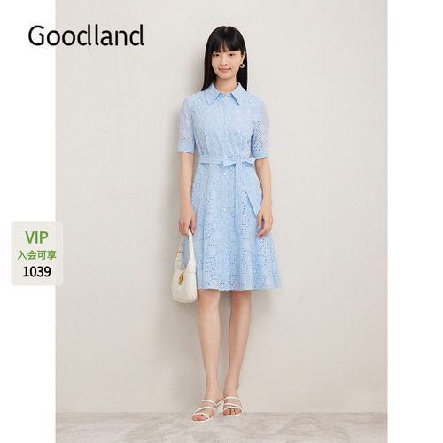 Goodland美地女装法式精致镂空法式蕾丝连衣裙短款a字裙
