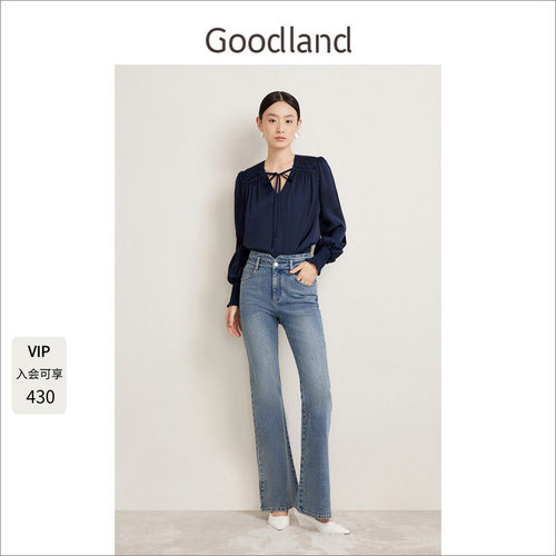 Goodland美地藏蓝色法式上衣女垂感海岛丝系带衬衫