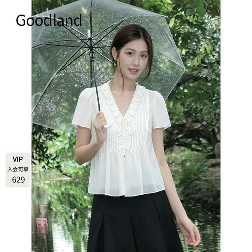 Goodland美地法式花边v领短袖上衣女夏季薄款2026新品LC36270040