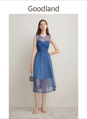 Goodland美地女装夏季优雅烫钻网纱蕾丝无袖连衣裙长款小礼服