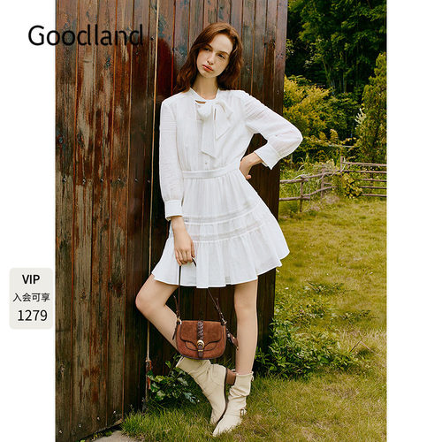 Goodland美地法式棉麻蝴蝶结小白裙2026秋季新款连衣裙LC36305190