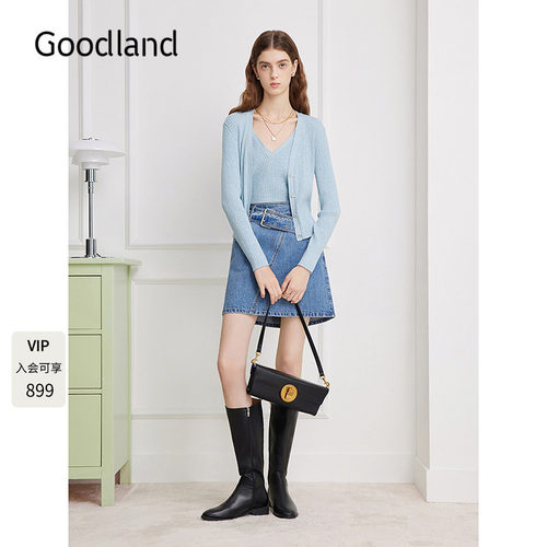 Goodland美地蓝色假两件v领针织开衫女短款2026春新品LC36106220