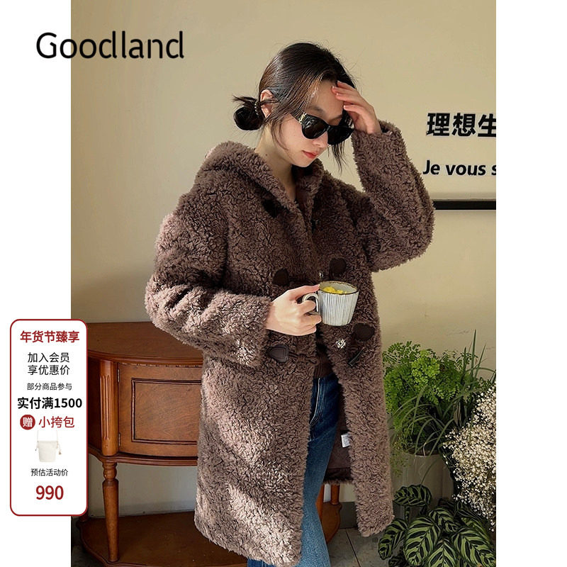 Goodland美地咖色100羊毛环保皮毛一体外套连帽大衣女LC34580430,女装/女士精品,毛呢外套,淘宝优惠券,粉丝福利购,淘宝优惠卷
