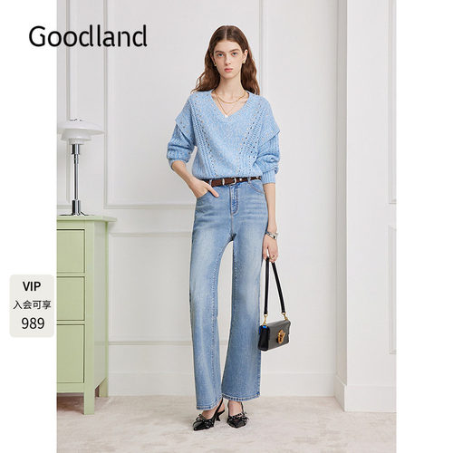 Goodland美地蓝色高腰微喇牛仔裤女修身长裤2026春新款LC36120120