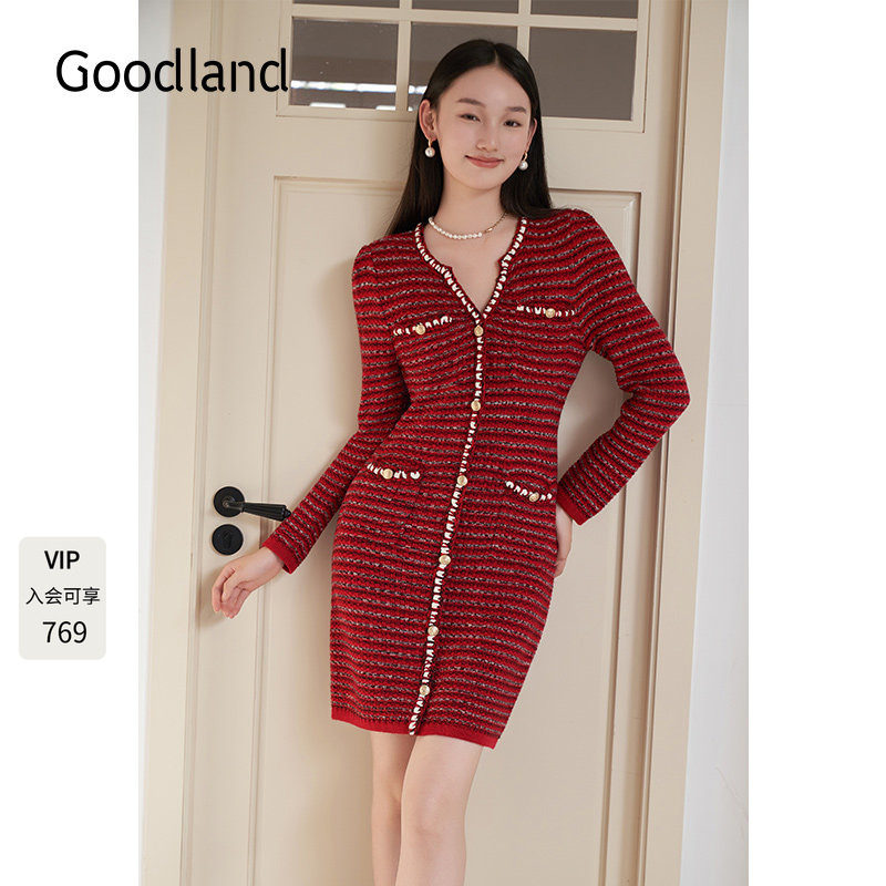 Goodland美地女装2024年冬季新款v领修身红色小香风连衣裙短款图片