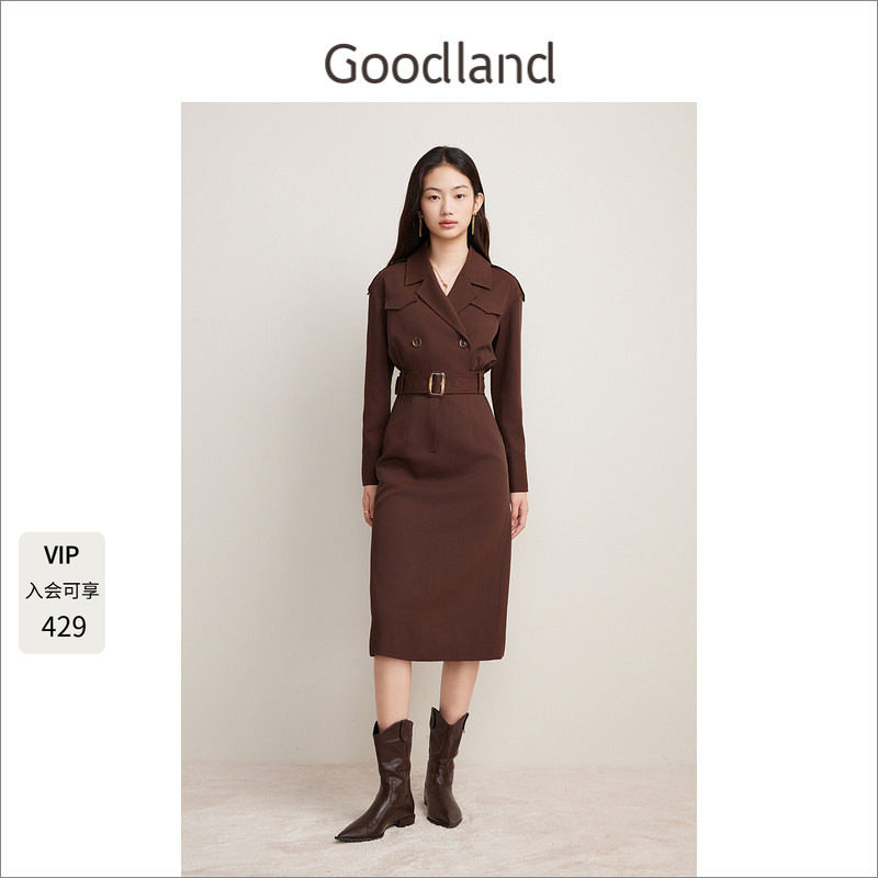 Goodland美地2024年秋季新款气质高级感通勤咖色风衣式连衣裙图片