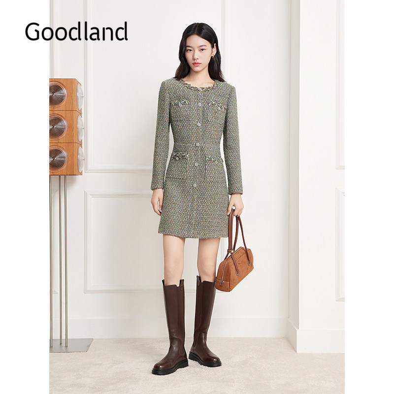 Goodland美地女装精致花纱法式小香风连衣裙2025冬新款LC35505220