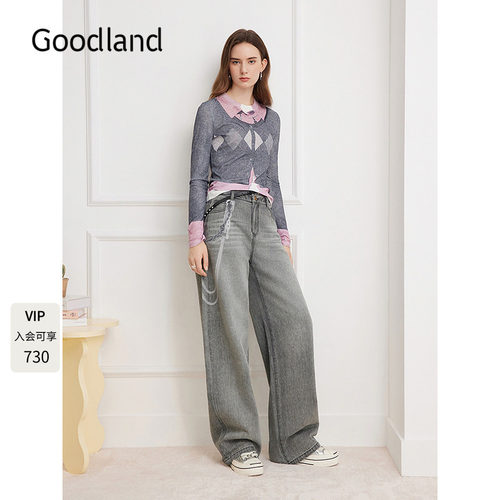 Goodland美地灰色印花弯刀牛仔裤女阔腿裤2026春新款LC36120060