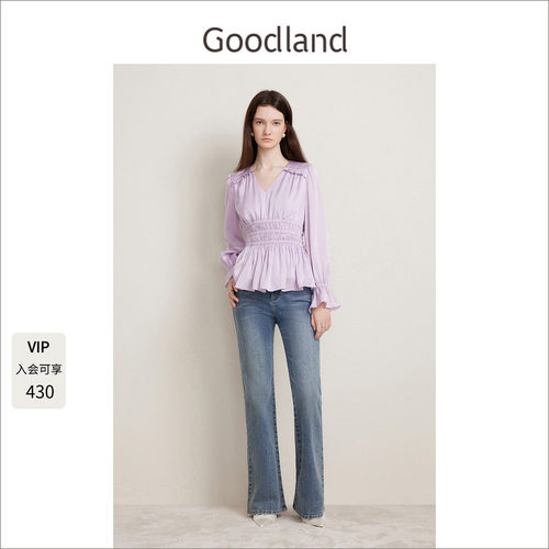 Goodland美地V领收腰收褶木耳花边衬衫女上衣