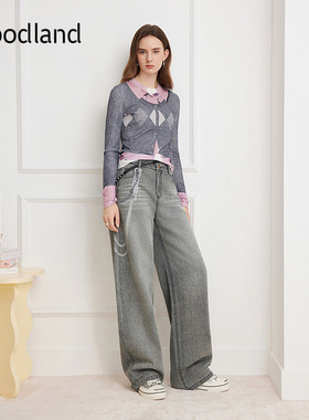 Goodland美地灰色印花弯刀牛仔裤女阔腿裤2026春新款LC36120060