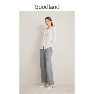 长袖 Goodland美地 女春秋款 光泽缎面感法式 上衣 荷叶边衬衫
