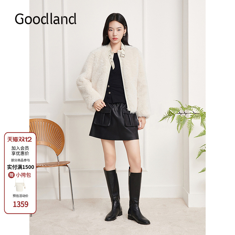 Goodland美地女装优雅环保仿皮草外套女短款2025冬新品LC35510300
