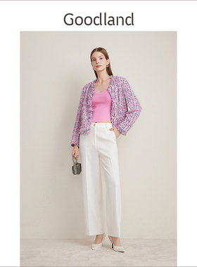 【明星同款】Goodland美地2024春款法式粉紫色短款小香风外套女