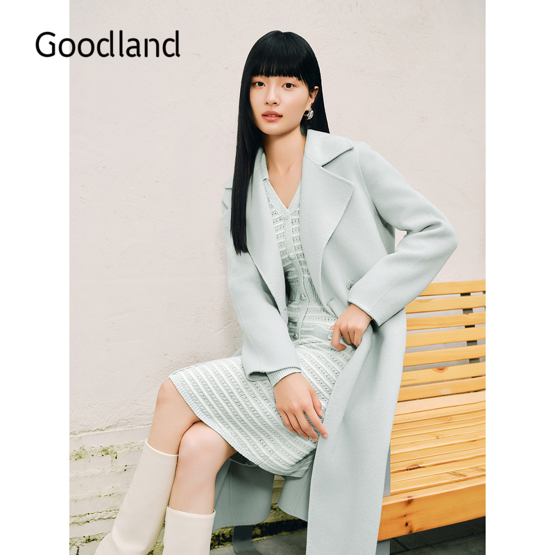 Goodland美地100羊毛双面呢翻领大衣外套女长款冬季LC34580390