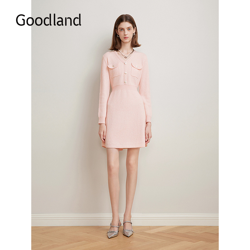 Goodland美地女装2025年春季新款法式小香风针织裙绞花V领连衣裙