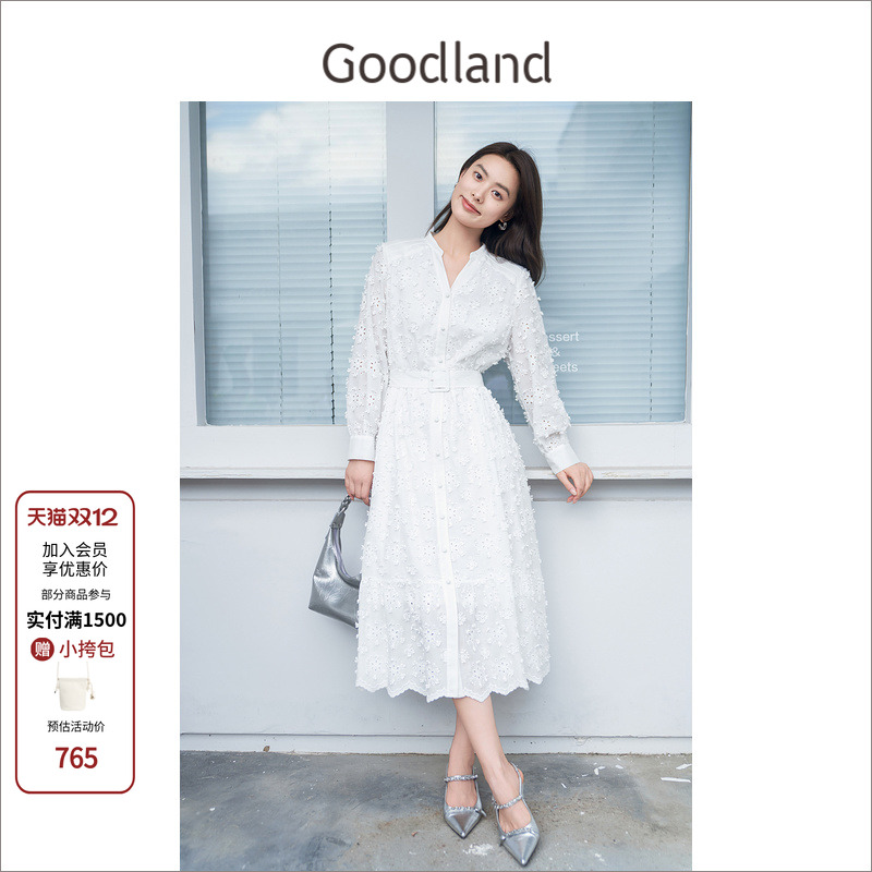 Goodland美地白色镂空蕾丝绣花法式连衣裙收腰仙女裙LC34305260