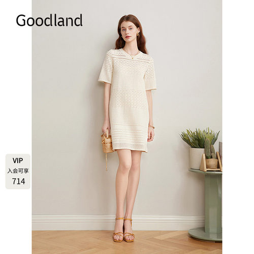 Goodland美地法式镂空钩花直筒针织连衣裙女夏季短款LC35106307