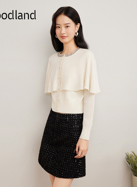Goodland美地女装羊毛法式斗篷开衫假两件针织衫上衣LC35106090
