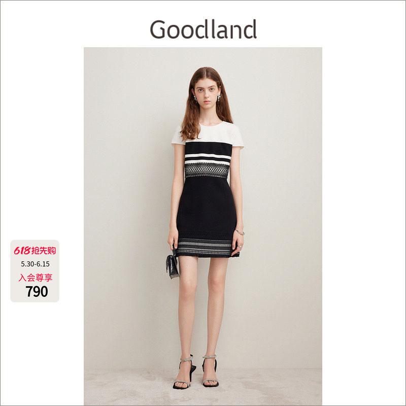 Goodland美地女装夏季黑白撞色蕾丝拼接短袖连衣裙修身礼服裙短款