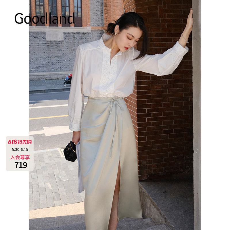 Goodland美地【多多同款】新中式手钩花边立领白衬衫女LC35130040