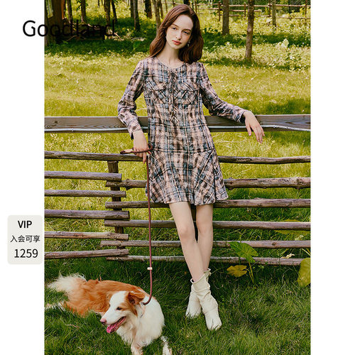 Goodland美地女装美拉德格纹长袖连衣裙2026秋季新款LC36305080