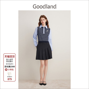 假两件针织上衣 气质学院风拼接衬衫 Goodland美地女装 2024年秋新款