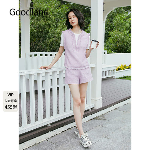 Goodland美地女装2025夏季新款拼接小香风花呢短袖上衣/短裤