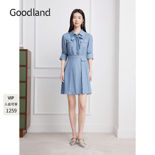 Goodland美地法式百褶仿牛仔2026秋季新款衬衫式连衣裙LC36305050