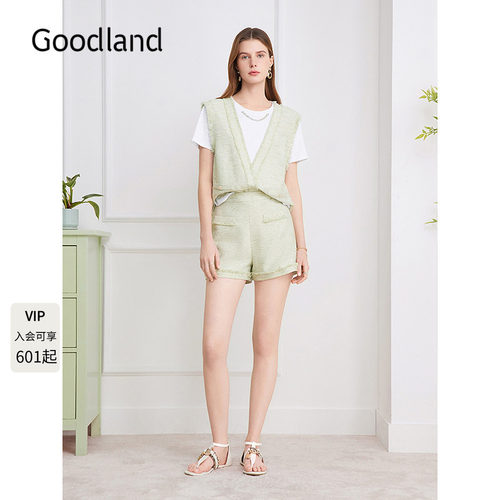 Goodland美地女装2026夏季新款假两件花纱针织衫女上衣/短裤