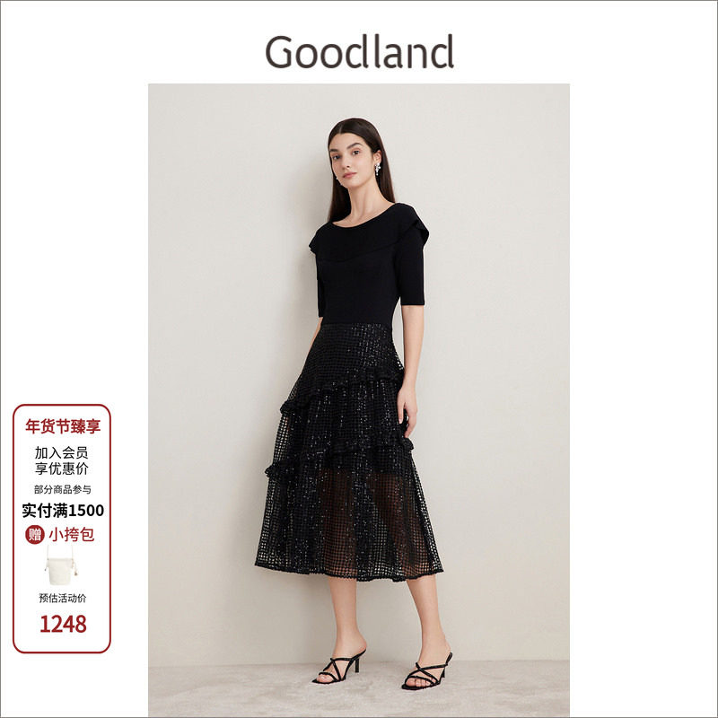 Goodland美地女装夏季优雅法式黑色荷叶边拼接网纱连衣裙长款,女装/女士精品,连衣裙,淘宝优惠券,粉丝福利购,淘宝优惠卷