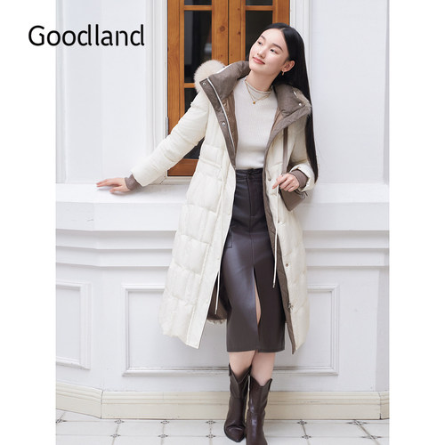 Goodland美地白色狐狸毛领连帽羽绒服女长款鸭绒LC34508120