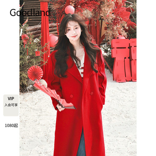 Goodland美地法式气质翻领羊毛大衣外套女长款LC34580170/1