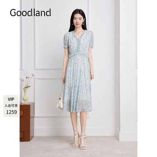 Goodland美地法式印花连衣裙女夏季花边v领收腰2026新款36205320