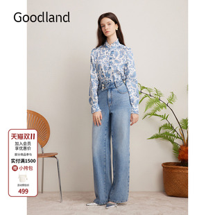 印花衬衫 气质法式 木耳小花边立领上衣 春季 Goodland美地女装
