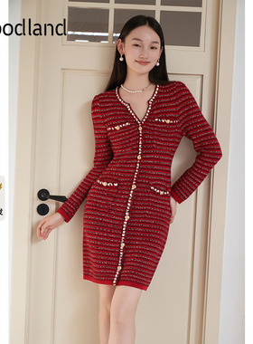 Goodland美地女装2024年冬季新款v领修身红色小香风连衣裙短款