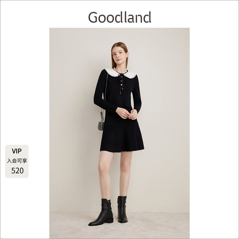 Goodland美地女装羊毛混纺法式娃娃领收腰假两件针织连衣裙短款图片
