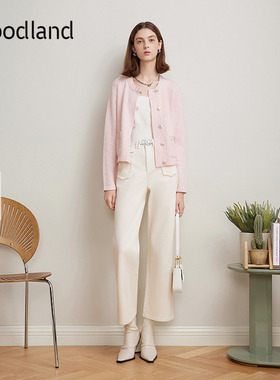 Goodland美地粉色法式小香风圆领针织开衫女短款外套LC35106230